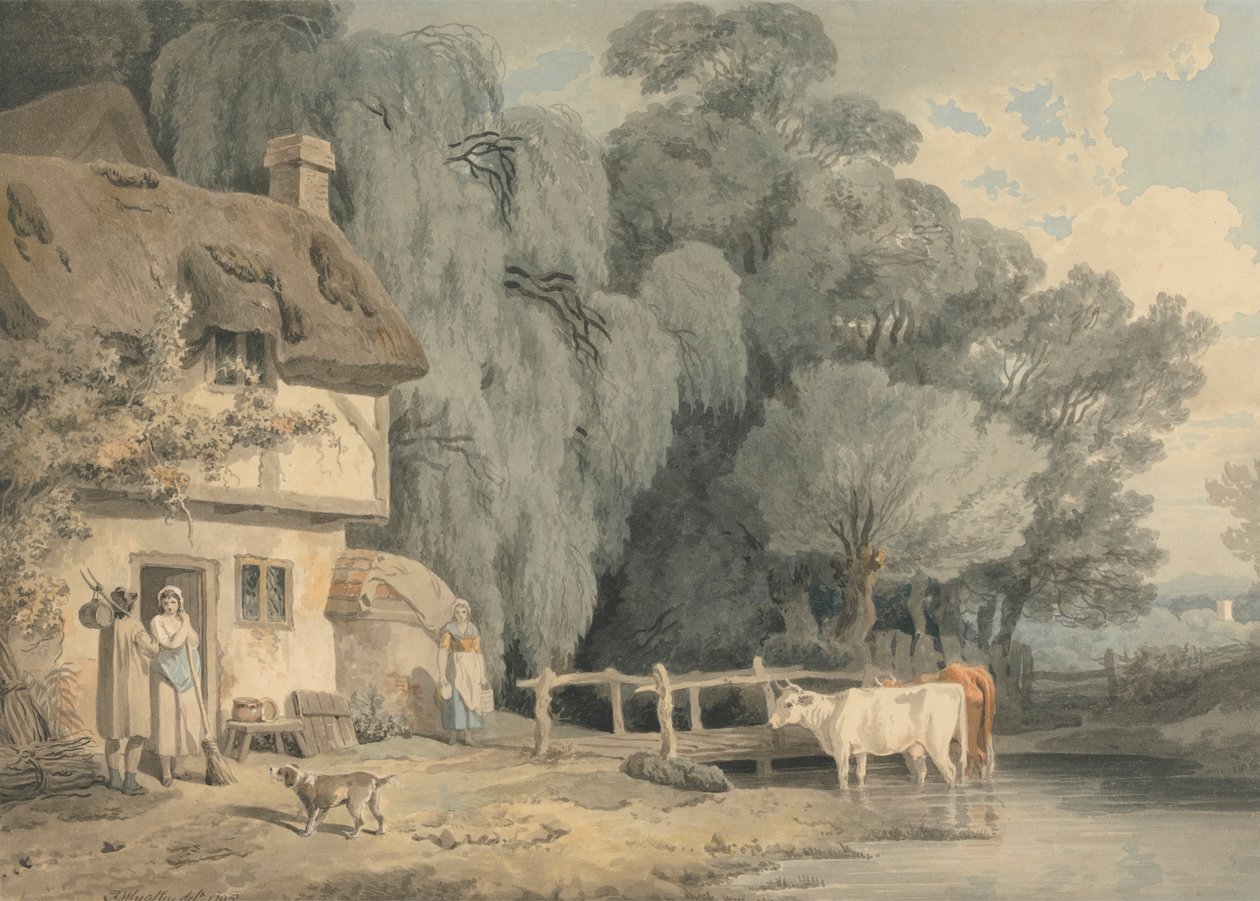 Country Scene: Figuurit mökin oven vieressä ja karja virrassa tekijältä Francis Wheatley