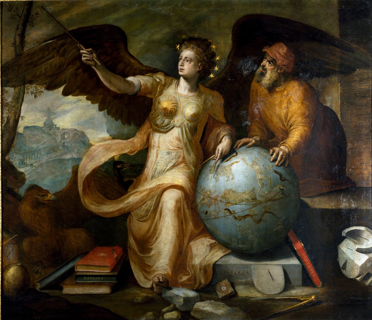 Astrologia. Astrologian allegoria ja personifikaatio astrologisilla välineillä ja taivaanpallolla. Frans Florisin (1515-1570) maalaus. Flanderin maalari. Geenit, yksityinen kokoelma. tekijältä Frans Floris
