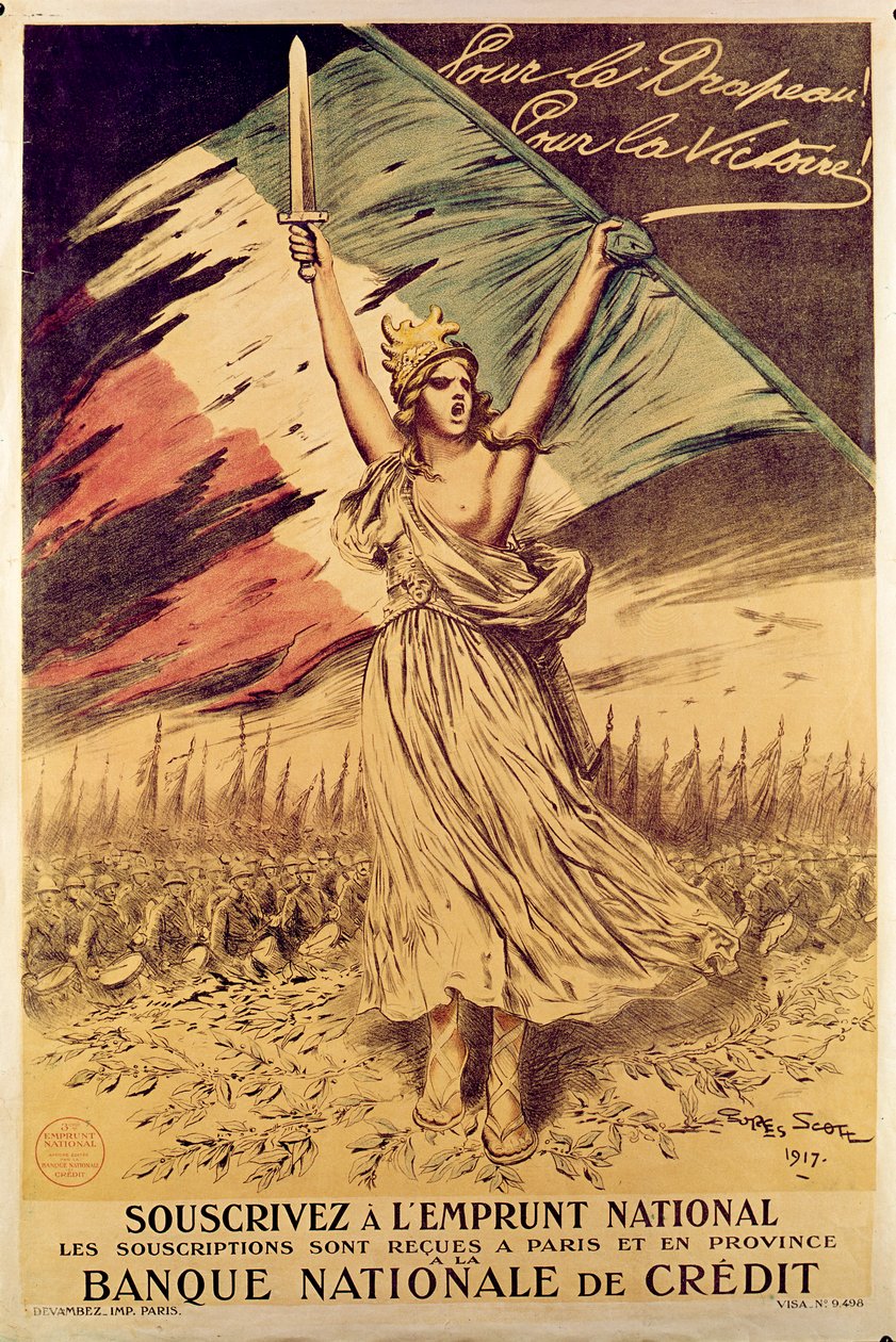 Ranskan ensimmäisen maailmansodan juliste, joka kannustaa ostamaan sotaobligaatioita, 1917 tekijältä Georges Bertin Scott