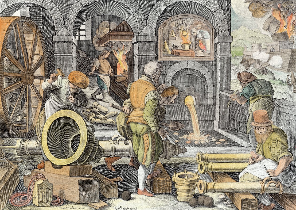 Ruudin keksintö ja pronssitykin ensimmäinen valu, Philip Gallen (1537-1612) kaivertama Nova Repertan (Uudet löydöt) levy 4 n. 1600 (myöhempi väritys) tekijältä Jan van der Straet