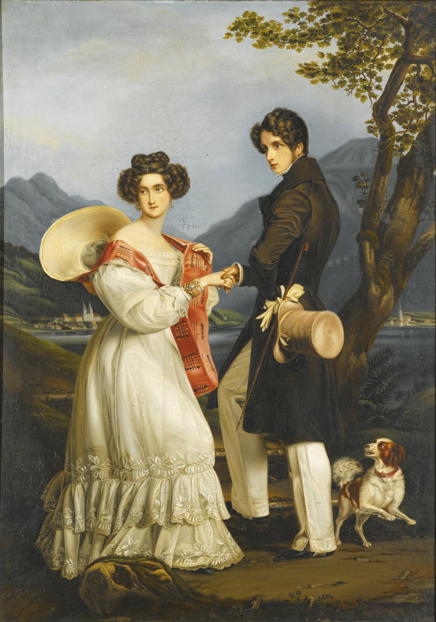Herttua Maximilian Joseph Baijerissa ja Baijerin Ludovika Schloss Tegernseessä tekijältä Joseph Carl Stieler