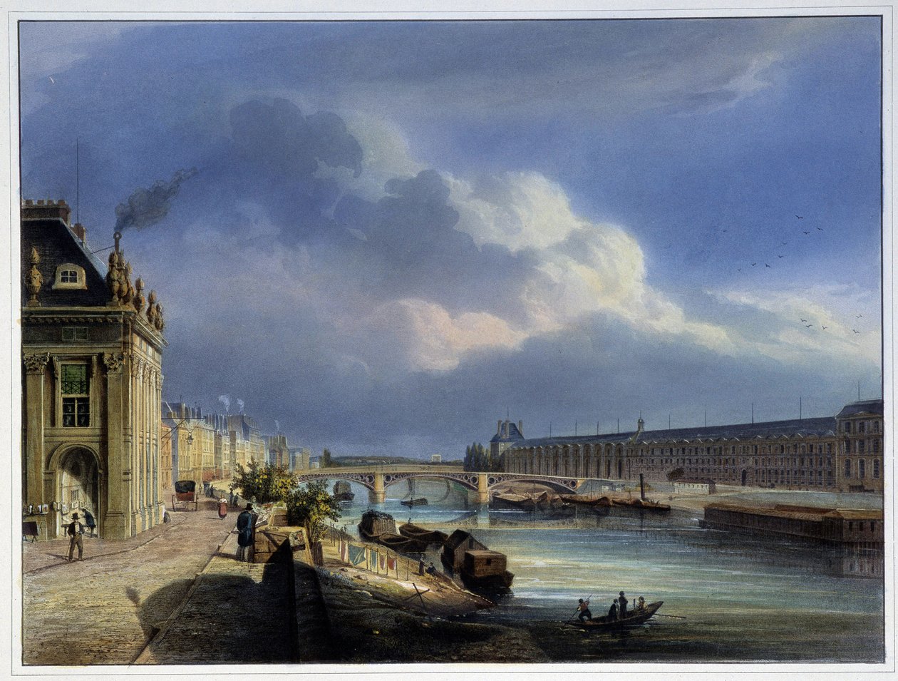 Näkymä Pont du Carrouselille ja Grand Galerie du Louvrelle - Arnoutin "Pariisissa 1837" tekijältä Louis Jules Arnout