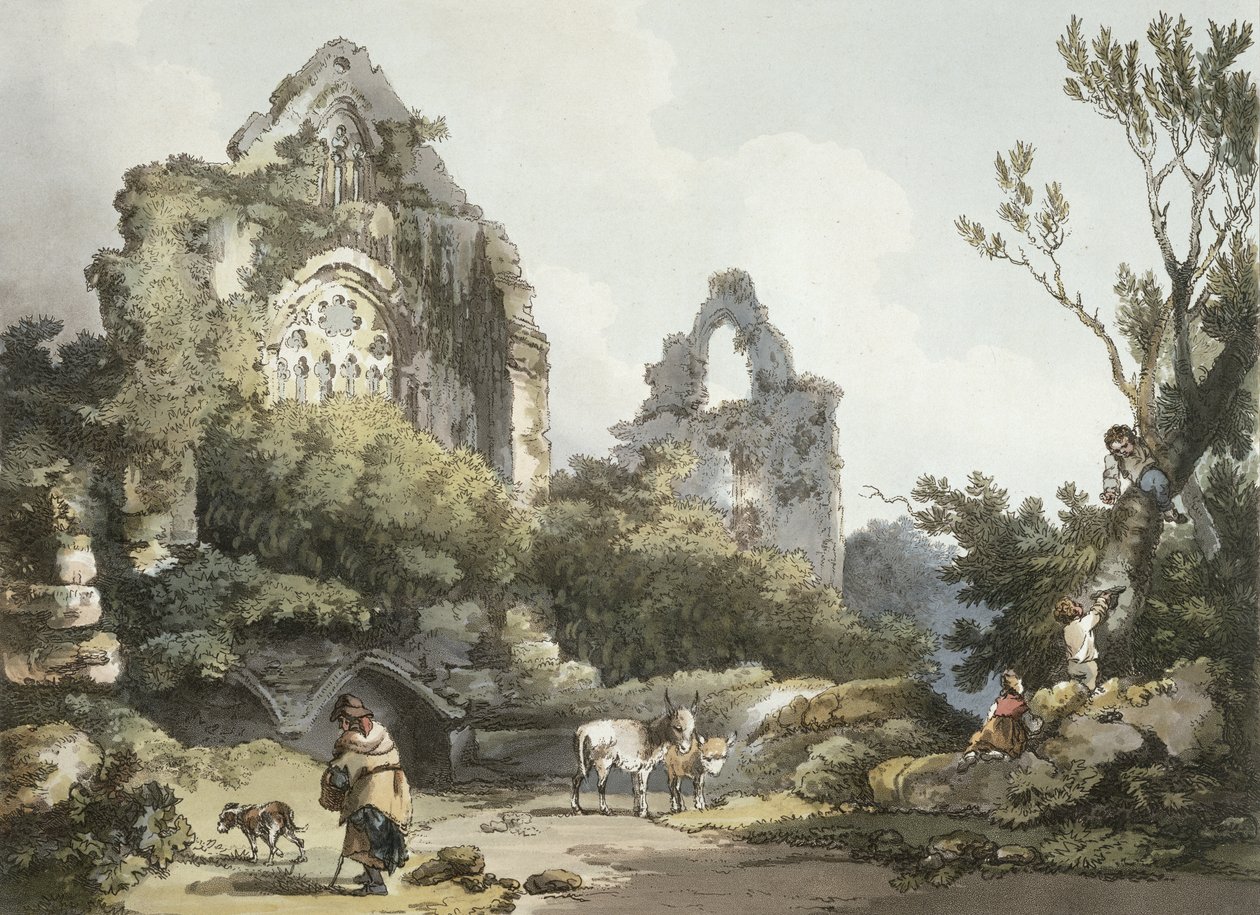 Tintern Abbey, Englannin Walesin romanttisista ja maalauksellisista maisemista, julkaistu 1805 (värikaiverrus) tekijältä Philippe Jacques de Loutherbourg