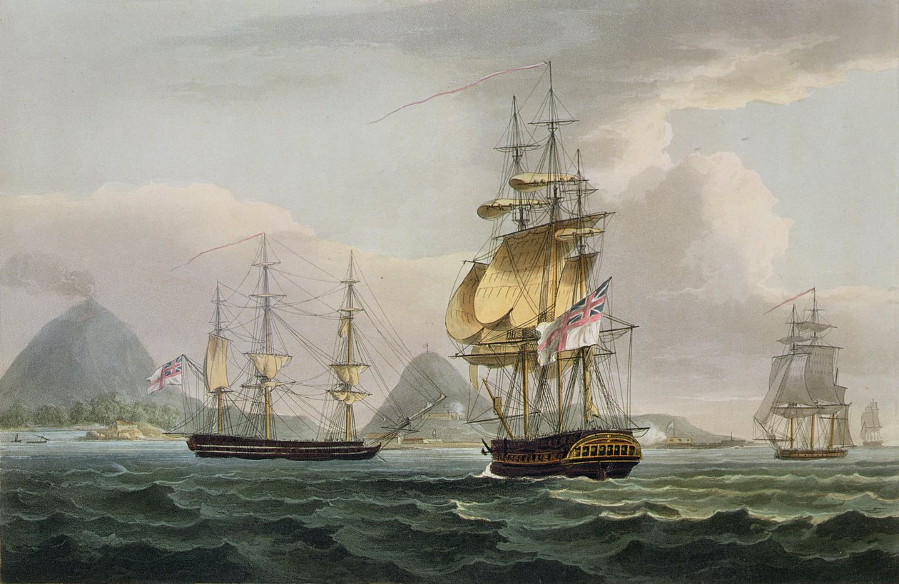 Bandan saaren vangitseminen, 9. elokuuta 1810, kaivertanut Thomas Sutherland J. Jenkinsin teokseen "Naval Achievements", 1816 (värikaiverrus) tekijältä Thomas Whitcombe