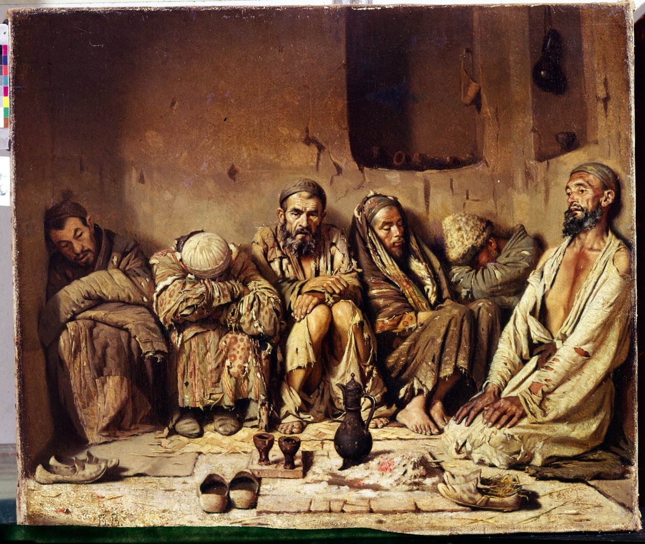 Orientalismi: oopiumin tupakoitsijat istuvat kadulla Lähi-idässä (oopiuminpolttoajat). Vasili Vasilyevich Vereschagin (Vereshchagin, Vereshchagin) maalaus (1842-1904) tekijältä Vasili Vasilievich Vereshchagin