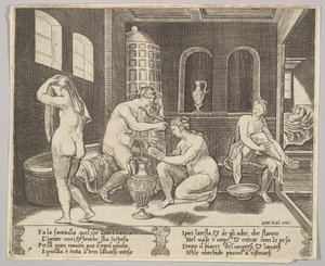 Levy 7: Nymfit osallistuivat psyykeen kylpyltään, taustalla oikealla Psyche repr..., n. 1520-36.