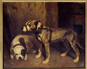 Alexandre Gabriel Decamps (1803-1860) 1800-luvun Sun. Skotlanninbulldoggi- ja terrierimaalaus. 1,04x1,34 m