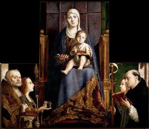 San Cassianon alttaritaulu: "" Neitsyt ja lapsi pyhien Nikolai Myralainen tai Barilainen (270-345), Maria Magdalena, Pyhä Ursula ja Pyhä Dominica ympäröimänä"" Antonello da Messinan (n. 1430-1479) puumaalaus 1475- 1476 Wienin taidehistoriallinen museo