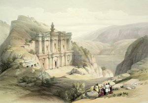 El Deir, Petra, 8. maaliskuuta 1839, levy 90 The Holy Landin III niteestä, kaiverrettu Louis Haghen (1806-85) pub. 1849