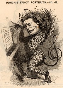 ""Anton Rubinstein (1829-1894) venäläinen pianisti, säveltäjä ja kapellimestari, Pietarin konservatorion perustaja. Lontoon konserttikaudella 1881 hän ansaitsi noin 10 000 puntaa. Yksi hänen sävellyksistään oli ooppera "Demon" (1875). Edwan sarjakuva