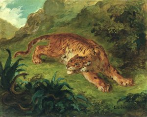 Tiger and Snake, 1858 (öljy paperille asennettuna paneeliin)
