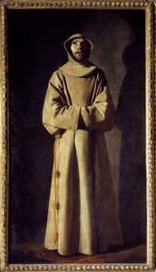 Pyhän Francois Assisilaisen muotokuva: Pyhää esitetään ekstaasissa, hänellä on päällään sukka, jonka vyönä on solmuinen köysi. Francisco de Zurbaranin maalaus (1598-1664)