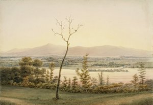 Early Twilight, Kaatskill Catskill Landing ja vuoret Hudsonin itärannalta, New York, 1840 (akvarelli, grafiitti, selektiivinen lasitus, guassi ja naarmuuntumista paperille