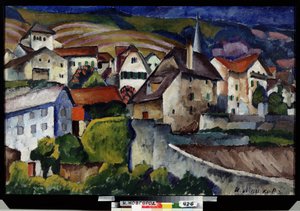Pieni kaupunki Sveitsissä. Ilja Ivanovitš Mashkov (Ilia Mashkov, Matchkov) maalaus (1881-1944), öljy kankaalle tekijältä Ilya Ivanovich Mashkov