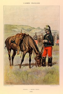 Kapteeni Jules Richardin ranskalaisen armeijan tyypit ja univormut, kuvittanut Edouard Detaille (1848-1912): Dragon pienessä asussa vuonna 1885, yksityinen kokoelma tekijältä Jean Baptiste Edouard Detaille