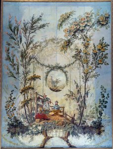 Chinoiserie: Kiinalaista kohtausta edustava koristepaneeli, ohjaaja Jean Pillement (1728-1808)
