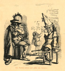 Guy Fawkes ennen ja jälkeen kidutuksen, 1897.