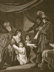 Lady Elizabeth Gray rukoilee Edward IV:tä suojelemaan lapsiaan, kaiverrettu W. Bromley, kuvitus David Humen "The History of England", pubista. R. Bowyer, Lontoo, 1812
