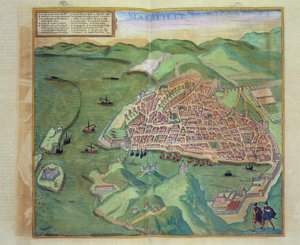 Marseillen kartta Georg Braunin (1541-1622) ja Frans Hogenbergin (1535-90) teoksesta "Civitates Orbis Terrarum", noin 1572 (värikaiverrus).
