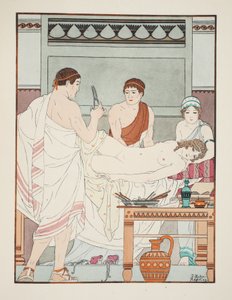 Gynekologinen tutkimus, kuvitus teoksesta "Hippokrateen teokset", 1934 tekijältä Joseph Kuhn Regnier