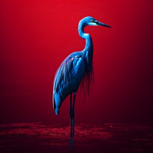 synthwave digitaalinen taideteos eksoottisesta koboltinsinisestä jalohaikarasta punaisella paperilla 1