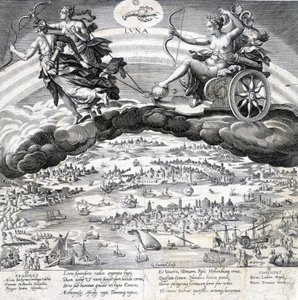 Luna: allegoria Kuusta (Diana) ja sen vaikutuksen alaisena olevasta Skorpionista (horoskooppimerkki) - kaiverrus Maaerten de Vos (Martin de Vos, Marten de Vos) (1532-1603), n.d.