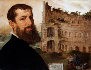 Taiteilijan omakuva, taustalla Colosseum, 1553
