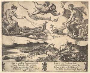 Allegoria avioliitosta ja rakkaudesta, Juno riikinkukkojen vetämissä vaunuissa vasemmalla, Venus..., 1530-60.