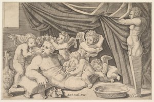 Bacchus, jota ympäröi Putti, oikealla Priapuksen patsas, 1530-60.