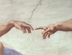 Jumalan ja Adamin kädet, yksityiskohta Adamin luomisesta, Sikstuksen katosta, 1511 (ennen restaurointia)