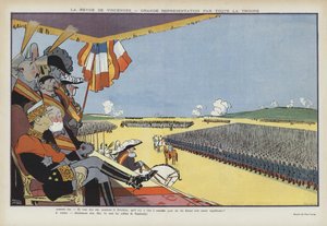 Espanjan kuninkaan Alfonso XIII:n vierailu Pariisiin: sotilasparaati Vincennesissä. Kuvitus Le Rirelle tekijältä Paul Iribe
