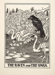 Korppi ja joutsen, julkaisusta A Hundred Fables of Aesop, pub.1903