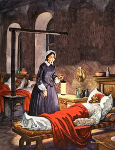 Florence Nightingale. Lady with the Lamp vierailee sairaiden sotilaiden luona sairaalassa