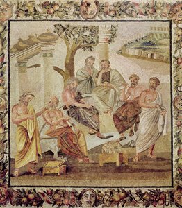 Platon keskustelemassa oppilaidensa kanssa, T. Siminiusin talosta Pompejista (mosaiikki) (katso myös 156873)