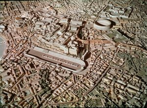 Roomalainen taide: malli, joka kuvaa Rooman kaupunkia antiikin alla. Keskustassa Circus Maximus tai Grand Circus on varattu tankkikilpailuihin. Rooma, Museo della Civilta romana - roomalainen taide. Circus Maximus ja etruskien seinät. Yksityiskohta jälleen