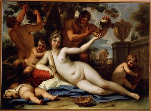 Bacchante et satyres (Bacchante ja Satyrs). Satyrit poimivat rypäleet viiniköynnöksestä ja tarjoilevat punaviiniä bacchantelle, makuulle asettuneelle naisalastolle. Sebastiano Riccin (1659-1734) maalaus, noin 1713. Venetsialaista taidetta. Öljy kankaalle. 