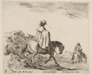 Levy 8: ratsastaja laskeutuu joen rantaan, toinen ratsumies joessa oikealle, alkaen ..., n. 1644-47. tekijältä Stefano della Bella