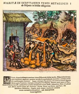 Amerikan historia: espanjalaiset hyödyntävät kultakaivoksia. Intiaanit työskentelevät uudisasukkaiden silmien edessä. Kaiverrus Theodore de Bry (1528-1598). 1500-luvun yksityinen kokoelma