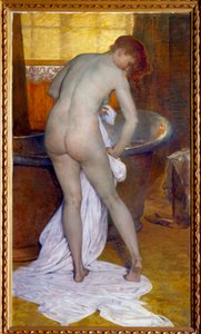 Kylpy. Kohtaus kylpyhuoneessa: Nainen kylpyammeesta pyyhkii alaston vartalonsa pyyhkeellä. Tony Robert Fleuryn (1837-1912) maalaus