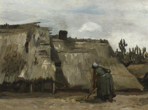 Talonpoikanainen kaivamassa mökkinsä edessä, n. 1885 tekijältä Vincent van Gogh