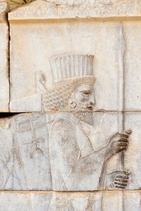 Achaemenidin muinainen reliefi; persialainen lance; Kuolemattoman vartijan sotilas Apadanan palatsissa; arkeologinen kohde; muinainen persialainen kaupunki Persepolis; Unescon maailmanperintökohde; Farsin maakunta; Iran; Aasia
