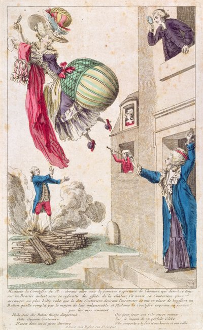 Sarjakuva pilkkaavaa muotia ja ilmapalloilua, n. 1783-4 tekijältä French School
