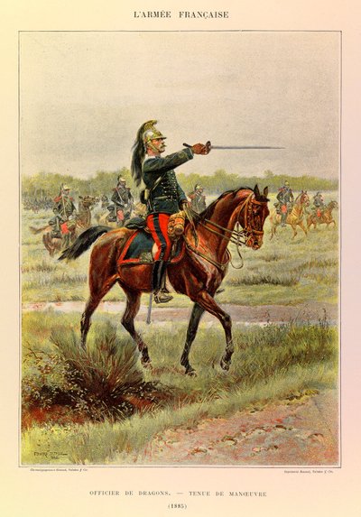 Kapteeni Jules Richardin ranskalaisen armeijan tyypit ja univormut, kuvittanut Edouard Detaille (1848-1912): Lohikäärmeiden upseeri ohjauspuvussa vuonna 1885, yksityinen kokoelma tekijältä Jean Baptiste Edouard Detaille