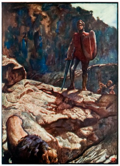 "Greatheart ajaa takaisin leijonan" elokuvasta "Pilgrim" Progress From This World, To That What Is To Come, kirjoittanut John Bunyan tekijältä John Byam Liston Shaw