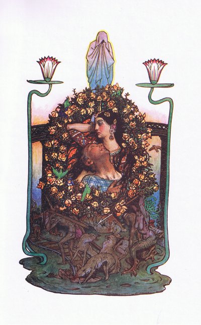 Puutarha sillan vieressä, kuvitus Kaman puutarhasta (ja muita sanoituksia Intiasta), 1920 tekijältä John Byam Liston Shaw
