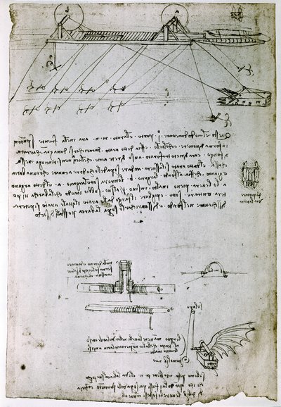 Ote Da Vincin käsikirjoituksesta, jossa kuvataan "meriruoppaajan" periaate ja rakentaminen (käsikirjoitus). tekijältä Leonardo da Vinci