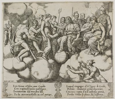 Venus ja Cupid vetoavat asiaansa Jupiterin ja muiden jumalien läsnäollessa tekijältä Master of the Die