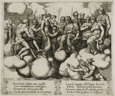 Venus ja Cupid vetoavat asiaansa Jupiterin ja muiden jumalien läsnäollessa tekijältä Master of the Die