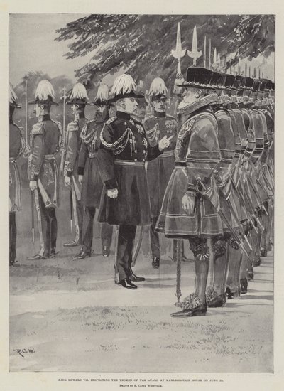 Kuningas Edward VII tarkastamassa vartijan Yeomenia Marlborough Housessa 25. kesäkuuta tekijältä Richard Caton Woodville junior
