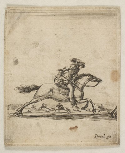 Ratsumies miekka kädessään laukkaa oikealle, muut ratsumiehet laukkaamassa..., n. 1645-46. tekijältä Stefano della Bella
